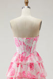 Branco Rosa Floral A Line Strapless Corset Vestido de Baile Longo com Folhos e Fenda