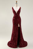 Brilhante Marinha Sereia Sequin V Pescoço Aberto Costas Long Prom Dress com Fenda