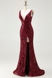 Brilhante Marinha Sereia Sequin V Pescoço Aberto Costas Long Prom Dress com Fenda