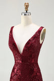 Brilhante Marinha Sereia Sequin V Pescoço Aberto Costas Long Prom Dress com Fenda