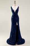 Vestido de baile de finalistas com sereia cintilante, decote em V com costas abertas e lantejoulas, vestido de baile comprido com fenda