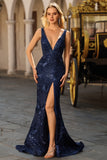 Vestido de baile de finalistas com sereia cintilante, decote em V com costas abertas e lantejoulas, vestido de baile comprido com fenda