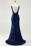 Brilhante Marinha Sereia Sequin V Pescoço Aberto Costas Long Prom Dress com Fenda