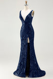 Brilhante Marinha Sereia Sequin V Pescoço Aberto Costas Long Prom Dress com Fenda