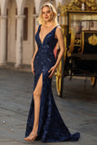 Vestido de baile de finalistas com sereia cintilante, decote em V com costas abertas e lantejoulas, vestido de baile comprido com fenda