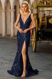 Vestido de baile de finalistas com sereia cintilante, decote em V com costas abertas e lantejoulas, vestido de baile comprido com fenda