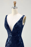Brilhante Marinha Sereia Sequin V Pescoço Aberto Costas Long Prom Dress com Fenda