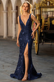Vestido de baile de finalistas com sereia cintilante, decote em V com costas abertas e lantejoulas, vestido de baile comprido com fenda