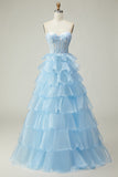 Princesa Azul Querido Corset Tiered Sequins Long Prom Dress com renda para trás