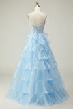 Princesa Azul Querido Corset Tiered Sequins Long Prom Dress com renda para trás