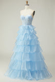 Princesa Azul Querido Corset Tiered Sequins Long Prom Dress com renda para trás