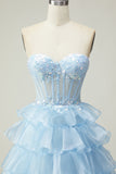 Princesa Azul Querido Corset Tiered Sequins Long Prom Dress com renda para trás