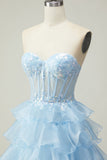 Princesa Azul Querido Corset Tiered Sequins Long Prom Dress com renda para trás