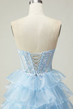 Princesa Azul Querido Corset Tiered Sequins Long Prom Dress com renda para trás