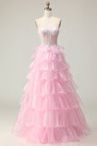 Princesa Azul Querido Corset Tiered Sequins Long Prom Dress com renda para trás