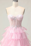 Princesa Azul Querido Corset Tiered Sequins Long Prom Dress com renda para trás
