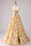 Vestido de Baile com Decote Floral Amarelo Linha-A e Fenda