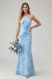 Vestido de Baile Comprido Sereia Azul Claro com Estampado Floral e Decote Halter