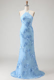 Vestido de Baile Comprido Sereia Azul Claro com Estampado Floral e Decote Halter