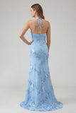 Vestido de Baile Comprido Sereia Azul Claro com Estampado Floral e Decote Halter