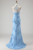 Vestido de Baile Comprido Sereia Azul Claro com Estampado Floral e Decote Halter