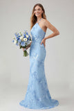 Vestido de Baile Comprido Sereia Azul Claro com Estampado Floral e Decote Halter