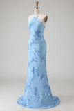 Vestido de Baile Comprido Sereia Azul Claro com Estampado Floral e Decote Halter