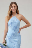 Vestido de Baile Comprido Sereia Azul Claro com Estampado Floral e Decote Halter