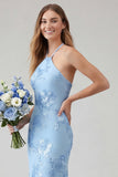 Vestido de Baile Comprido Sereia Azul Claro com Estampado Floral e Decote Halter