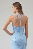 Vestido de Baile Comprido Sereia Azul Claro com Estampado Floral e Decote Halter