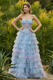 Vestido de Baile de Longo Azul Floral Linha-A e Folhos com Babados