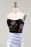 Vestido de baile de finalistas preto e lilás brilhante com lantejoulas floral, espartilho de sereia, sem alças