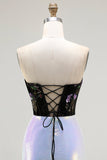 Vestido de baile de finalistas preto e lilás brilhante com lantejoulas floral, espartilho de sereia, sem alças