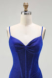 Espartilho de Sereia Azul Real, Renda Amargada Enrugada, Vestido de Baile Longo com Fenda
