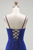 Espartilho de Sereia Azul Real, Renda Amargada Enrugada, Vestido de Baile Longo com Fenda