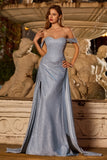 Vestido Longo de Baile Espartilho de Sereia Azul Poeirento Brilhante com Fenda