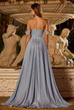 Vestido Longo de Baile Espartilho de Sereia Azul Poeirento Brilhante com Fenda