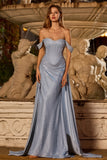 Vestido Longo de Baile Espartilho de Sereia Azul Poeirento Brilhante com Fenda