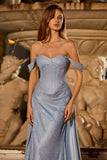 Vestido Longo de Baile Espartilho de Sereia Azul Poeirento Brilhante com Fenda