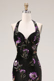 Vestido de Baile comprido Sereia Floral Preto com Decote Halter e Fendas