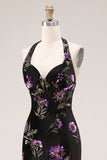 Vestido de Baile comprido Sereia Floral Preto com Decote Halter e Fendas