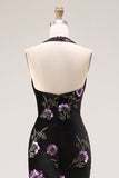 Vestido de Baile comprido Sereia Floral Preto com Decote Halter e Fendas