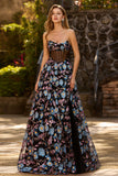 Vestido de Baile Longo e Flor Preto Sem Alças Linha A com Fenda