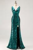 Vestido de baile de finalistas com lantejoulas abertas e sereia verde pavão brilhante