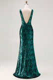 Vestido de baile de finalistas com lantejoulas abertas e sereia verde pavão brilhante