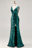 Vestido de baile de finalistas com lantejoulas abertas e sereia verde pavão brilhante