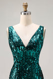 Vestido de baile de finalistas com lantejoulas abertas e sereia verde pavão brilhante