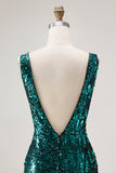 Vestido de baile de finalistas com lantejoulas abertas e sereia verde pavão brilhante
