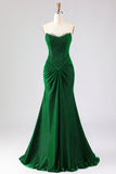 Vestido longo de baile de baile de cetim verde-escuro com alças e renda nas costas