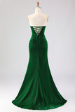 Vestido longo de baile de baile de cetim verde-escuro com alças e renda nas costas